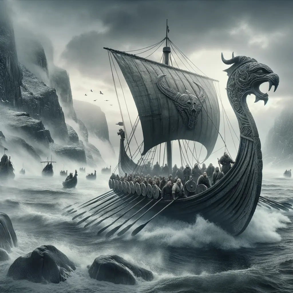 Viking drekar with dragon head advancing through foggy waters, against a misty Norse coastline.