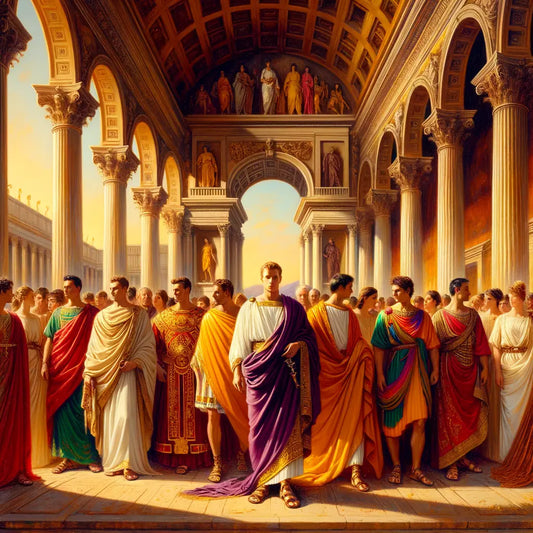 Ancient Roman figures in vibrantly colored togas and tunics, set against a backdrop of classical Roman architecture, styled like a 1960s historical epic film.
