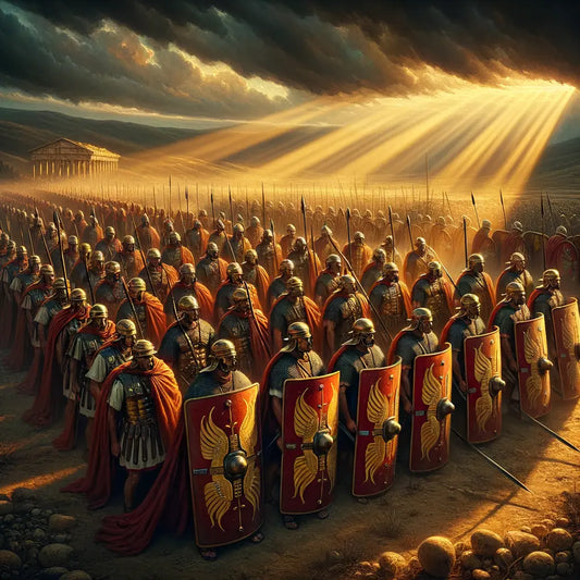 Roman soldiers in Testudo formation under a dramatic sky, showcasing the discipline and strategic brilliance of ancient Roman warfare, inspired by 1960s historical film epics.