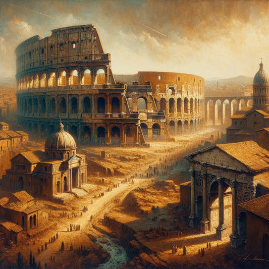Artistic reconstruction of ancient Roman cityscape with Colosseum arches, Pantheon dome, and aqueducts stretching into the horizon.