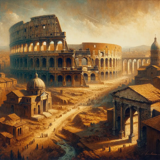 Artistic reconstruction of ancient Roman cityscape with Colosseum arches, Pantheon dome, and aqueducts stretching into the horizon.