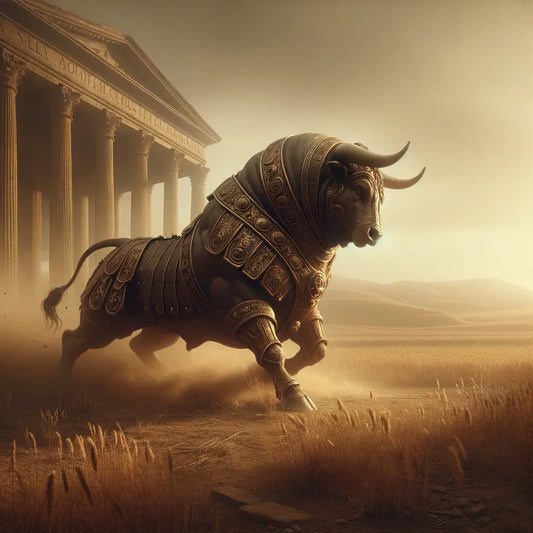 A majestic Roman bull depicted in ornate ancient Roman armor and banners, showcasing strength and determination in a cinematic style inspired by 1960s historical epics.