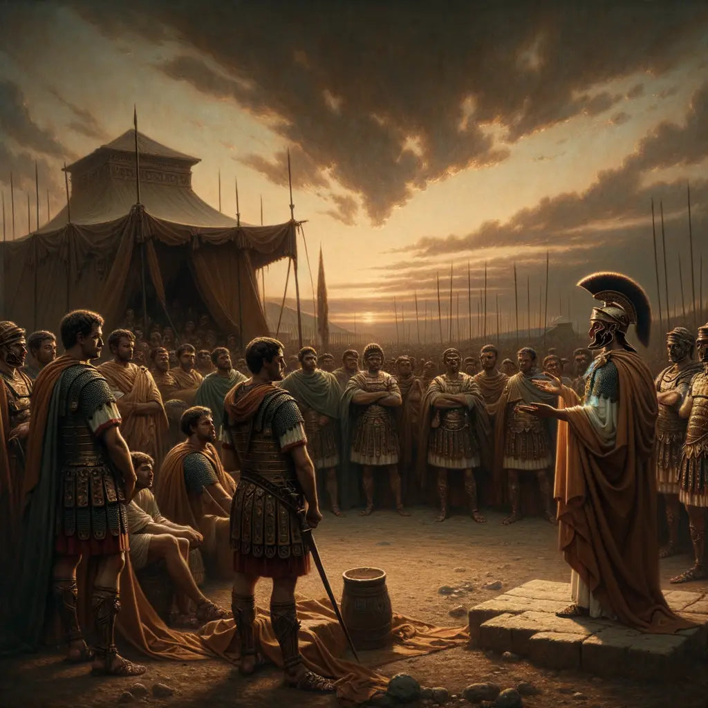 Emperor Marcus Aurelius at dusk in a Roman military camp, delivering his last words to a sentinel, symbolizing Stoic philosophy, in a style inspired by 1960s historical epics.