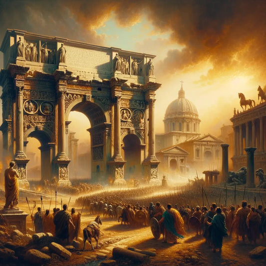 Depiction of the Roman Empire's decline with crumbling structures and invading barbarians, merging Roman and Christian symbols, in a 1960s epic film style.