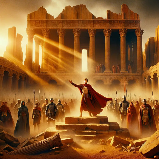 A dramatic epic scene of Roman soldiers, led by a general, defending crumbling city ruins against approaching barbarian forces, in the style of 1960s historical films.
