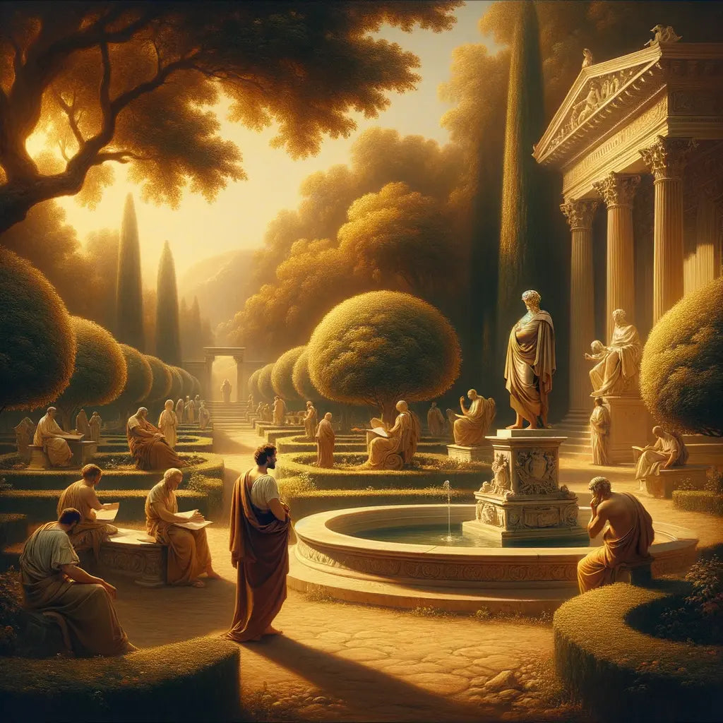 Marcus Aurelius in a serene Roman garden, surrounded by symbols of Stoic balance, depicted in a style reminiscent of classic 1960s historical epic films.