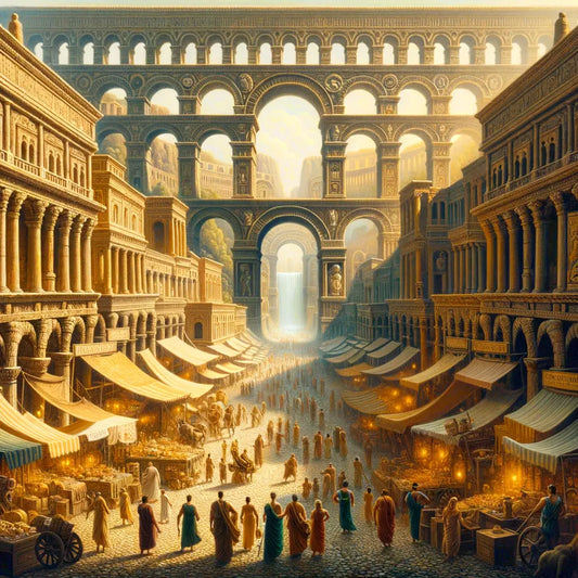 Cinematic painting of ancient Rome's bustling streets under Augustus, featuring traders and philosophers with grand aqueducts and arches in the background.