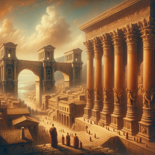 Blended architectural scene with Greek columns and Roman arches against a historical cityscape, in a style inspired by 1960s historical films.