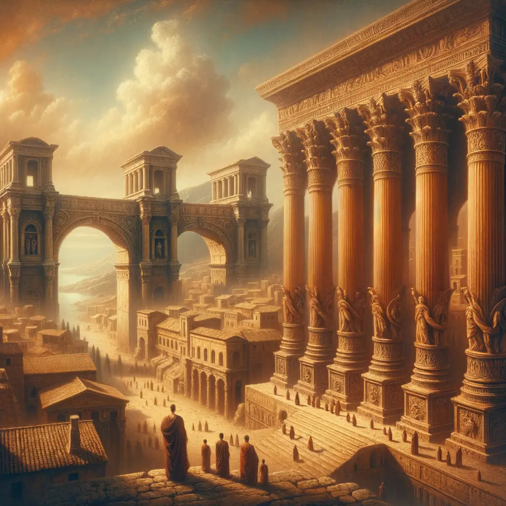 Blended architectural scene with Greek columns and Roman arches against a historical cityscape, in a style inspired by 1960s historical films.