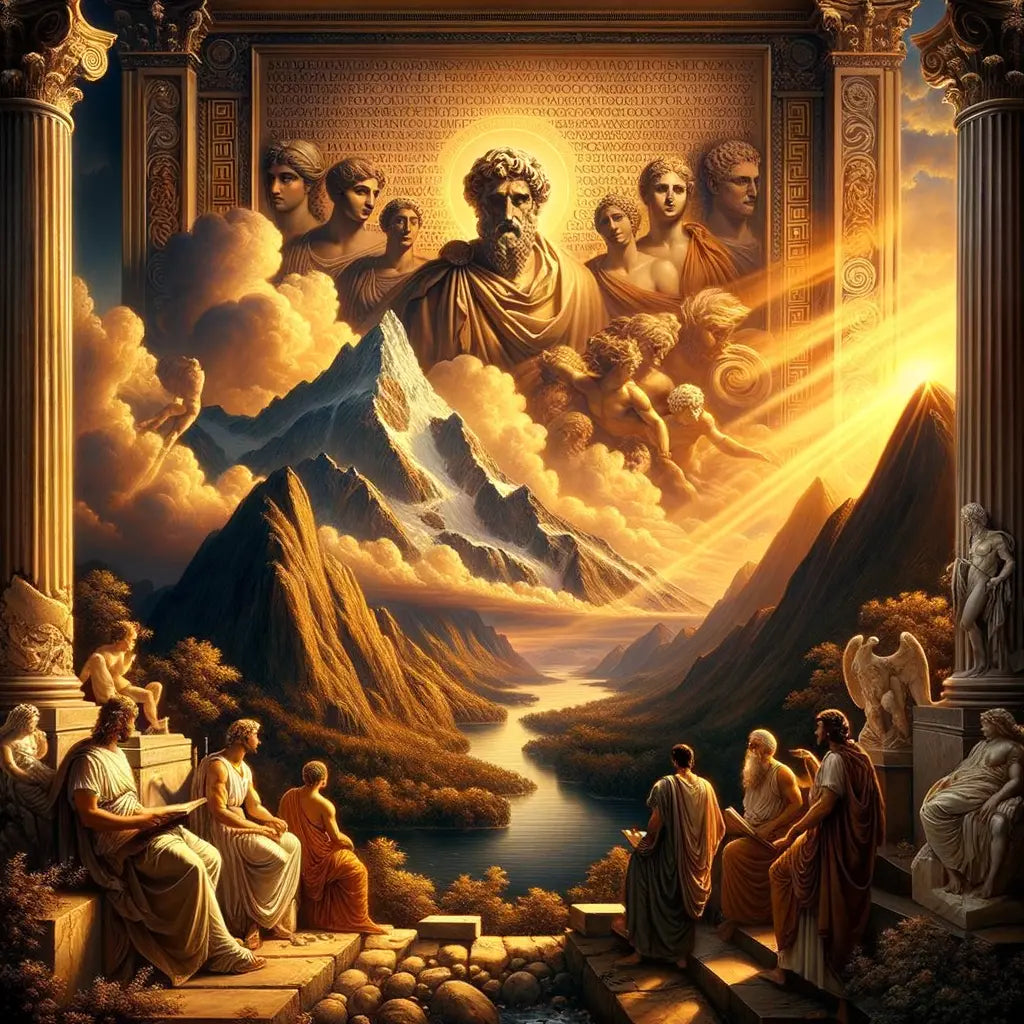 An ancient Roman scroll with Stoic quotes set against a dramatic natural backdrop, inspired by classic 1960s historical films.