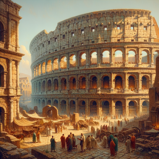 Panoramic view of the ancient Roman Colosseum ruins against a vibrant sunset, styled after 1960s historical epics.