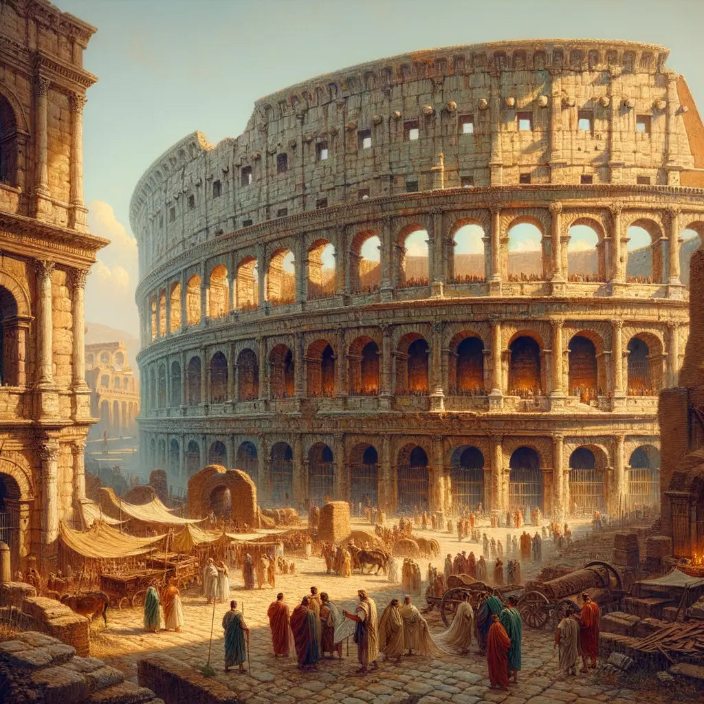 Panoramic view of the ancient Roman Colosseum ruins against a vibrant sunset, styled after 1960s historical epics.