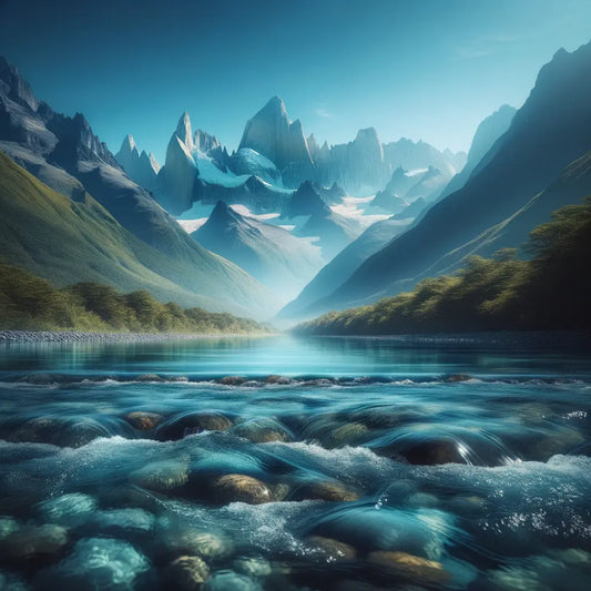 A peaceful view of a river winding through a valley with mountains towering in the distance.