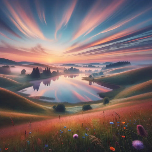 A tranquil early morning scene showcasing rolling hills and a still lake under a vibrant sky.