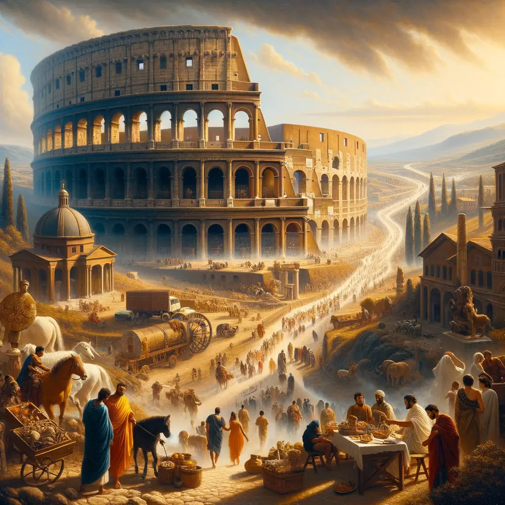 A cinematic painting of the Roman Empire, featuring the Colosseum and Roman roads, highlighting diverse cultures and vast influence.