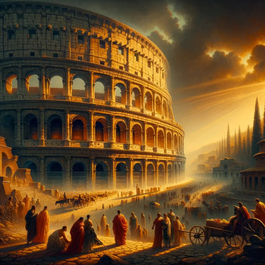 Roman Colosseum illuminated by a vibrant sunset with people and soldiers, inspired by classic 1960s historical film style.