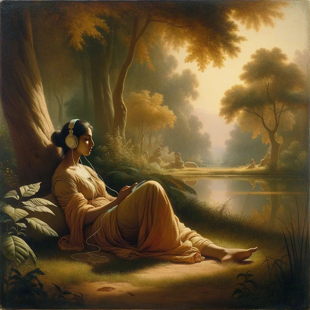A person peacefully listening to a podcast with headphones in a serene environment, inspired by Stoic philosophy, surrounded by tranquil nature or a cozy room setting.