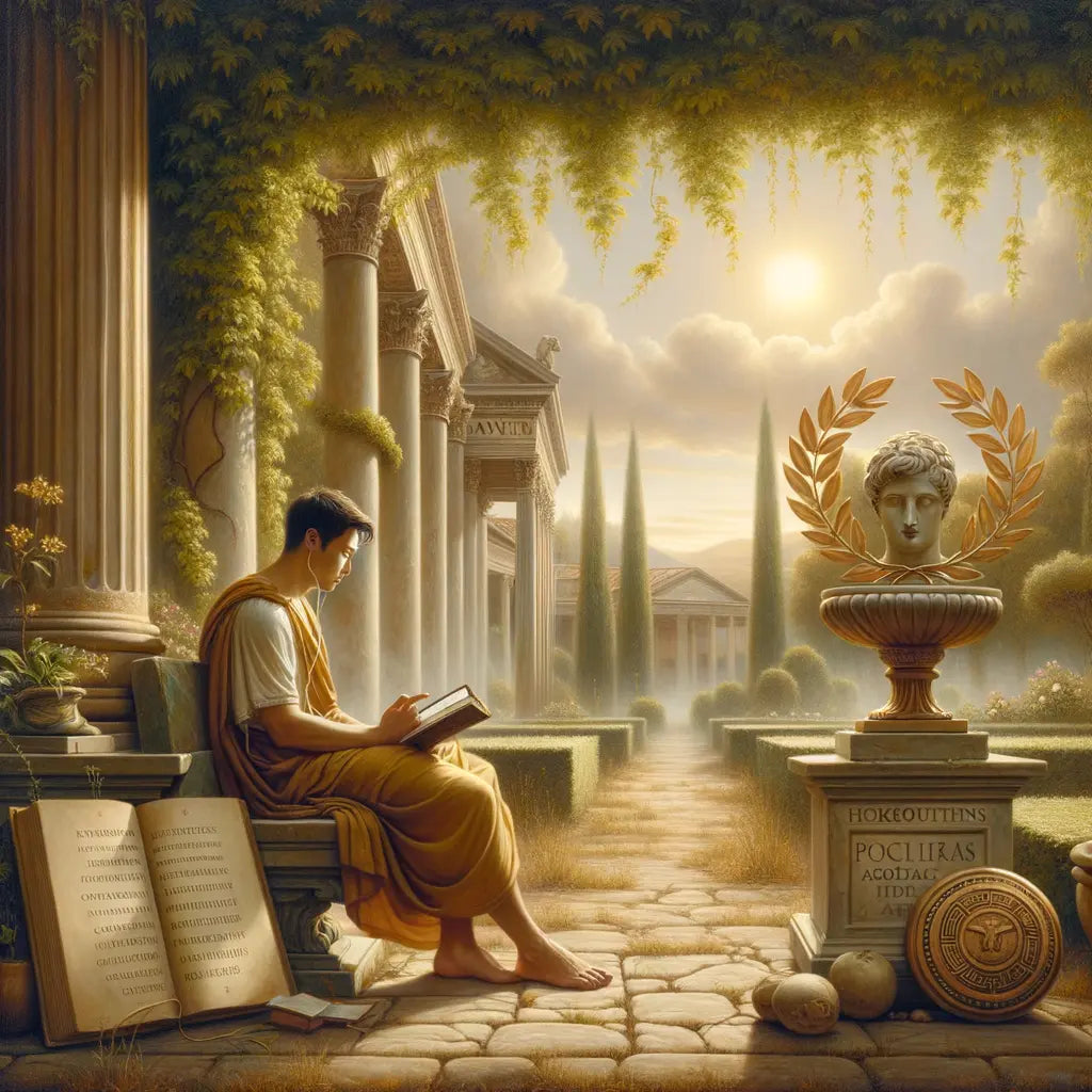 A person sitting in a serene Roman garden, listening to a podcast on a mobile device, with a laurel wreath and an open book of Stoic texts nearby, styled like a 1960s historical film.