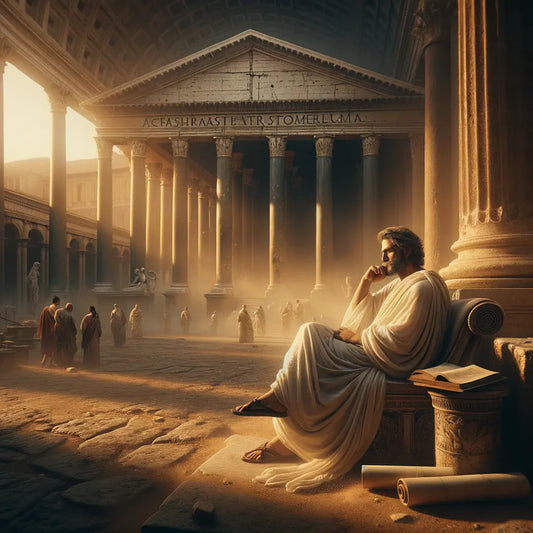 A Roman philosopher in deep thought, seated amidst the ancient architecture of the Roman Forum, in a style inspired by classic 1960s historical epic films.