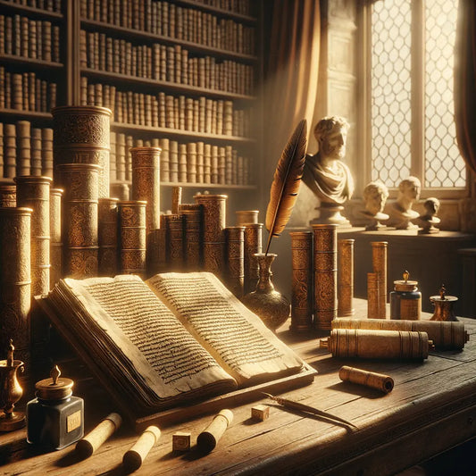 A Roman scholar's desk with an open book, ancient scrolls, and a quill, in a style reminiscent of 1960s historical films.