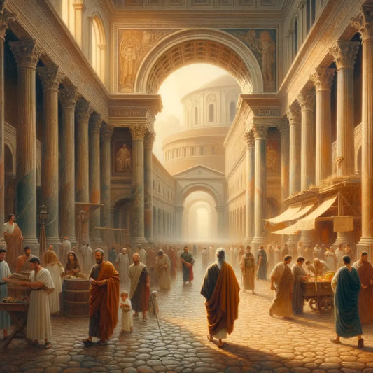 Apostle Paul walking through a bustling ancient Roman street, surrounded by citizens and architecture, capturing a vibrant historical atmosphere in the style of 1960s historical epics.