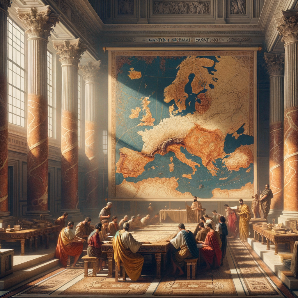 Cinematic painting of a historical map showing Gaulish-speaking regions in ancient Europe, surrounded by Roman scholars in a study, in the style of 1960s historical epics.