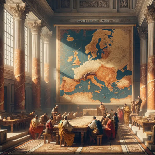 Cinematic painting of a historical map showing Gaulish-speaking regions in ancient Europe, surrounded by Roman scholars in a study, in the style of 1960s historical epics.