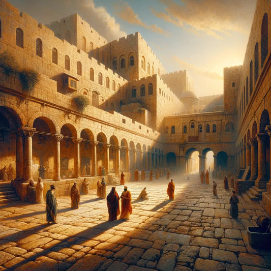 Ancient courtyard in Jerusalem with sunlight casting shadows on cobblestones, reminiscent of 1960s historical epic films.
