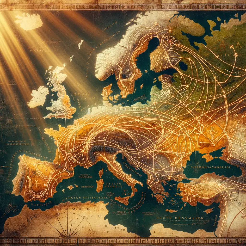 Illustration of an ancient map showing Germanic tribes' migration across Europe with epic cinematic style.