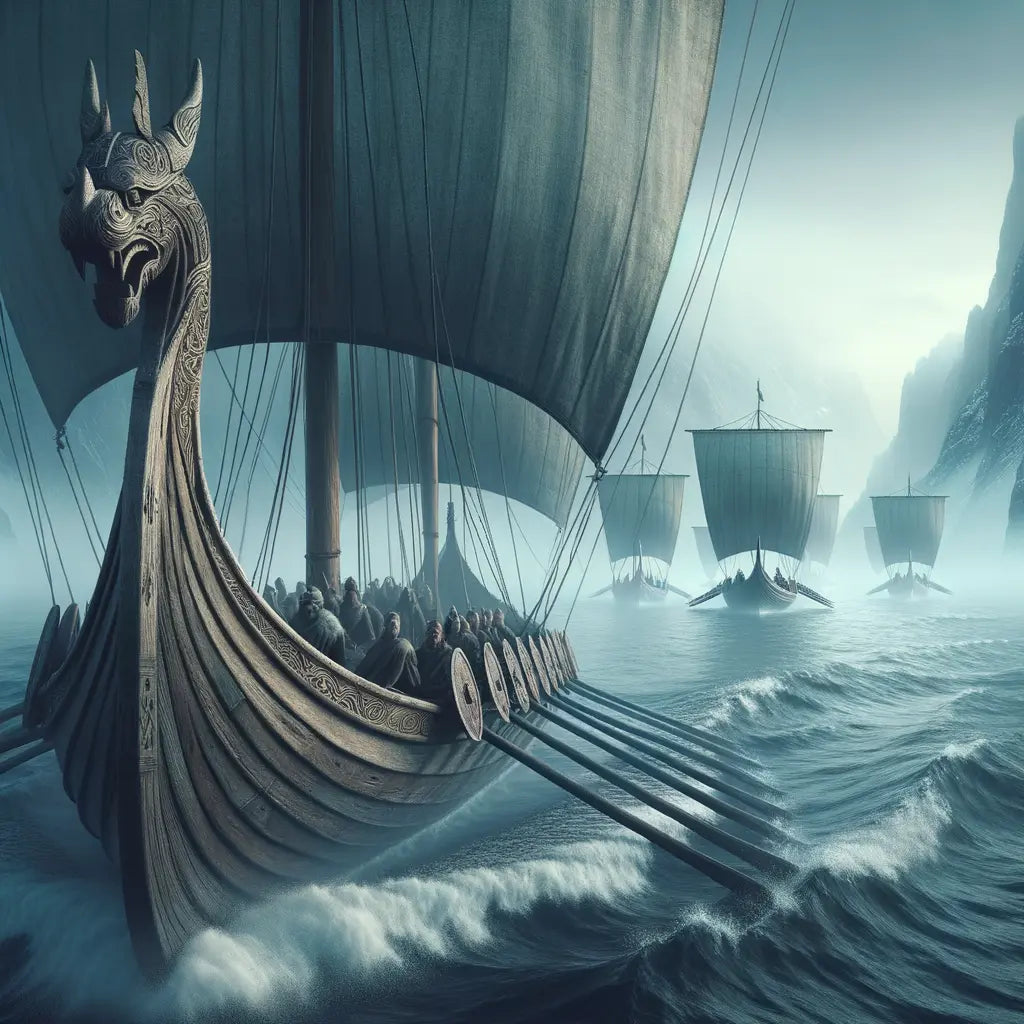 Viking longships with dragon-headed prows navigating misty waters, depicting the adventurous spirit of Nordic ancestors.
