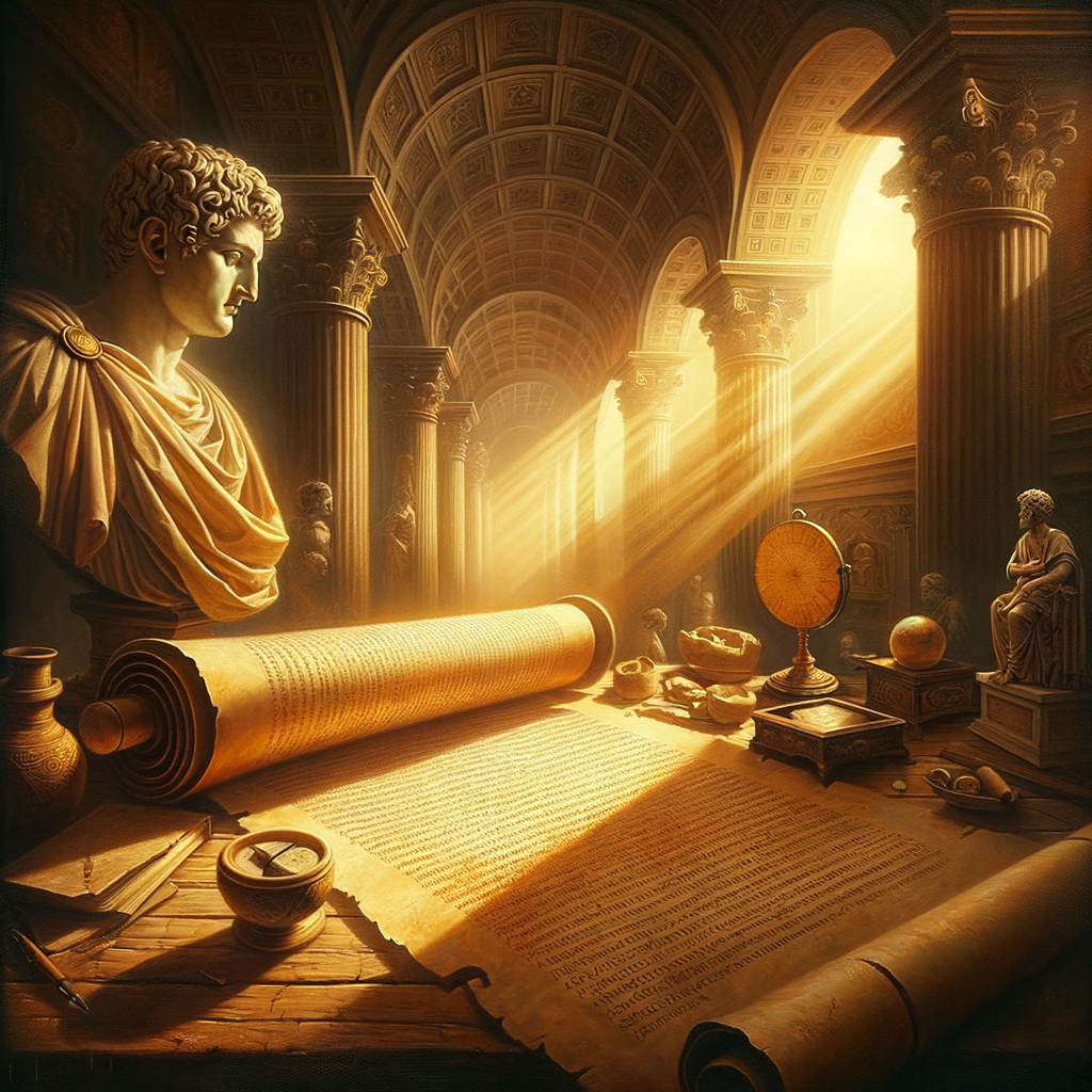 An ancient Roman scroll with Stoic writings, set among historical artifacts like a marble imperial bust and a worn parchment map, illuminated by warm ambient light in a cinematic style.