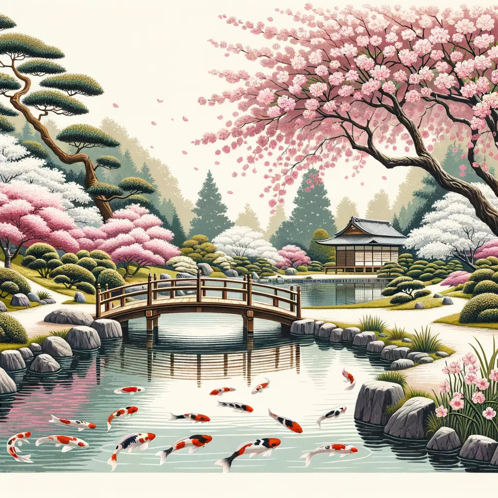 A tranquil image of a Japanese garden featuring a koi pond and cherry blossoms.