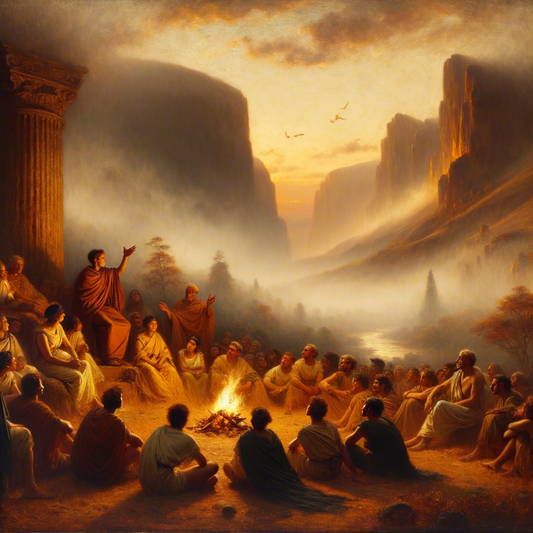 Roman citizens gathered around a storyteller by a campfire in a misty, hilly landscape, evoking a sense of ancient folklore.