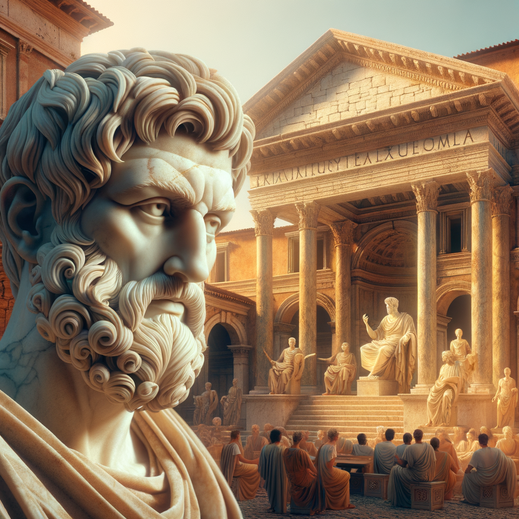 Marble bust of Marcus Aurelius with an introspective expression, set in a Roman forum with columns and arches, in the style of 1960s historical films.