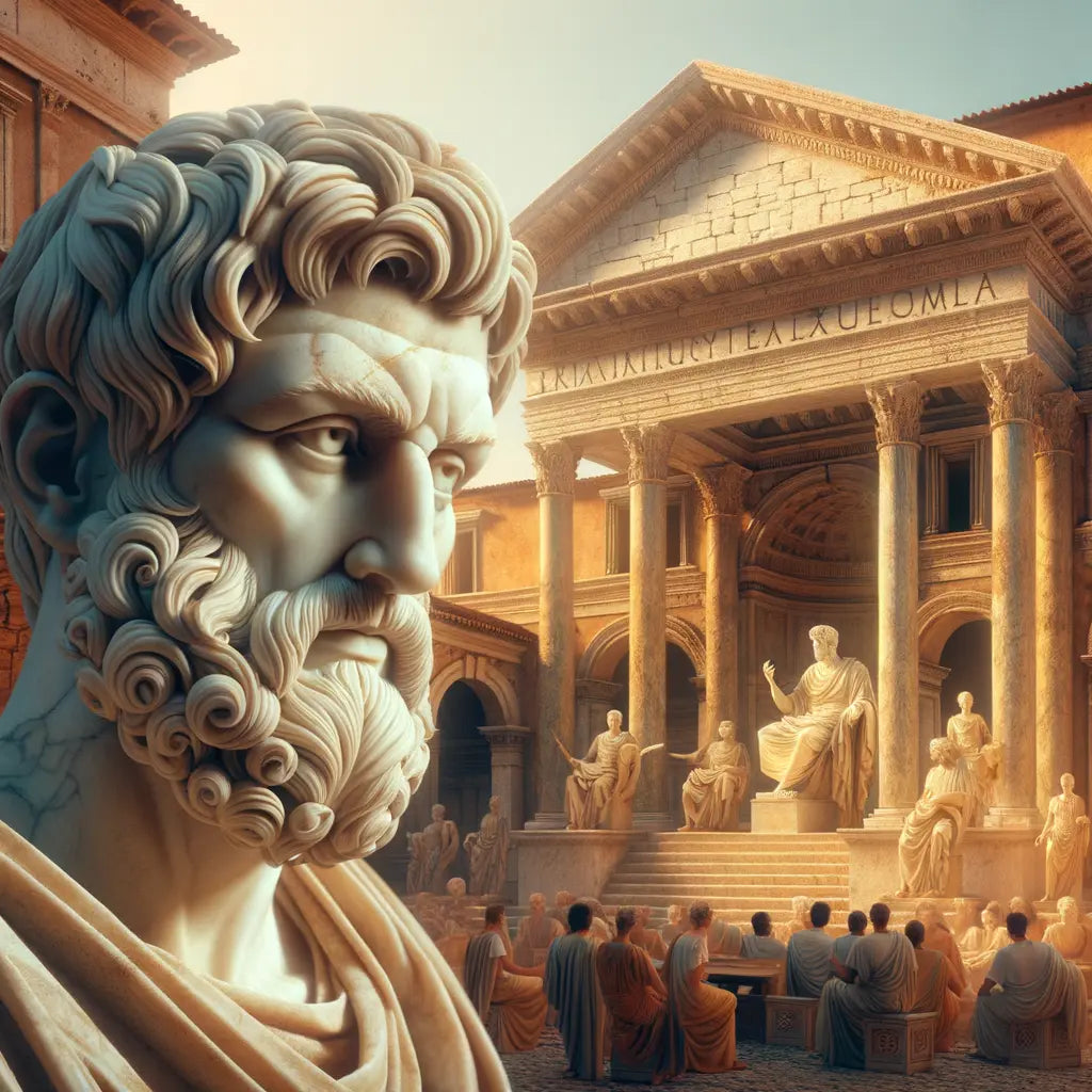 Marble bust of Marcus Aurelius with an introspective expression, set in a Roman forum with columns and arches, in the style of 1960s historical films.