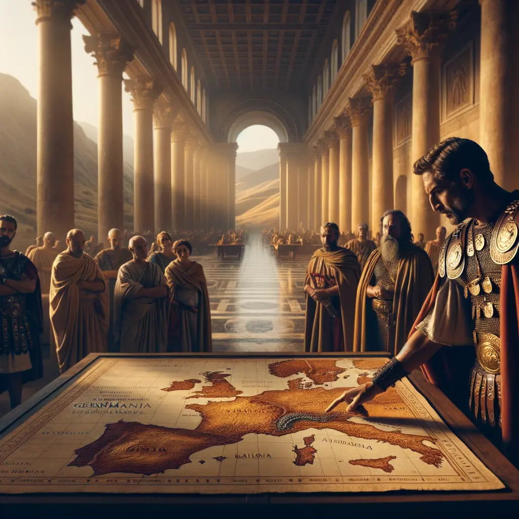 A Roman general and officers examine a map of the Gallic Empire with regions marked for Germania, Gaul, Britannia, and Hispania, in the style of 1960s historical epic films.