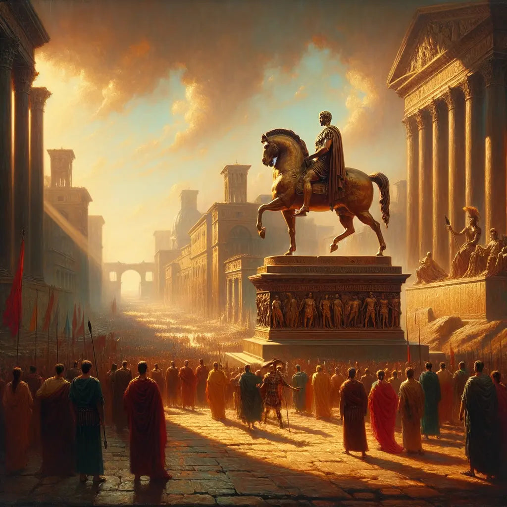 Bronze statue of Marcus Aurelius on horseback set against an ancient Roman cityscape, inspired by 1960s historical epics.