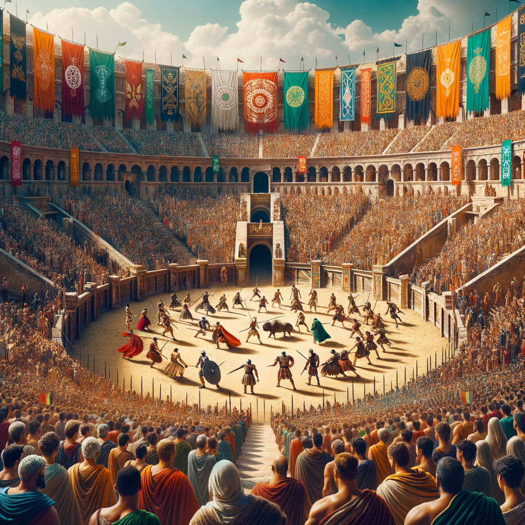 A bustling scene of a Roman amphitheater depicting gladiators and an audience.