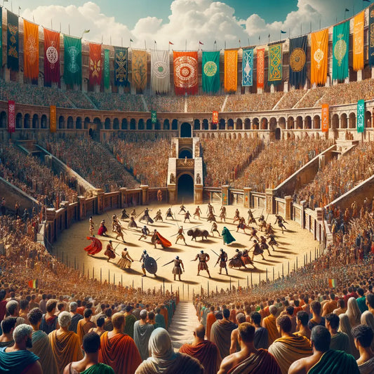 A bustling scene of a Roman amphitheater depicting gladiators and an audience.