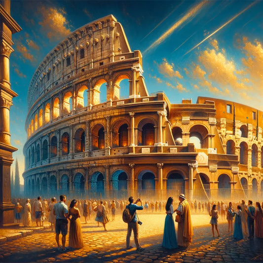Tourists admiring the Colosseum under a bright Roman sky, in a cinematic style reminiscent of classic historical films of the 1960s.