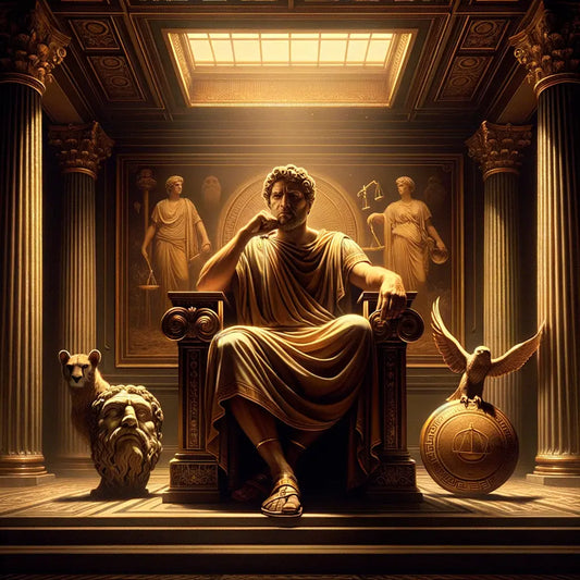 Marcus Aurelius seated in royal attire, surrounded by symbols of Stoic virtues, in a cinematic painting style reminiscent of 1960s historical films.
