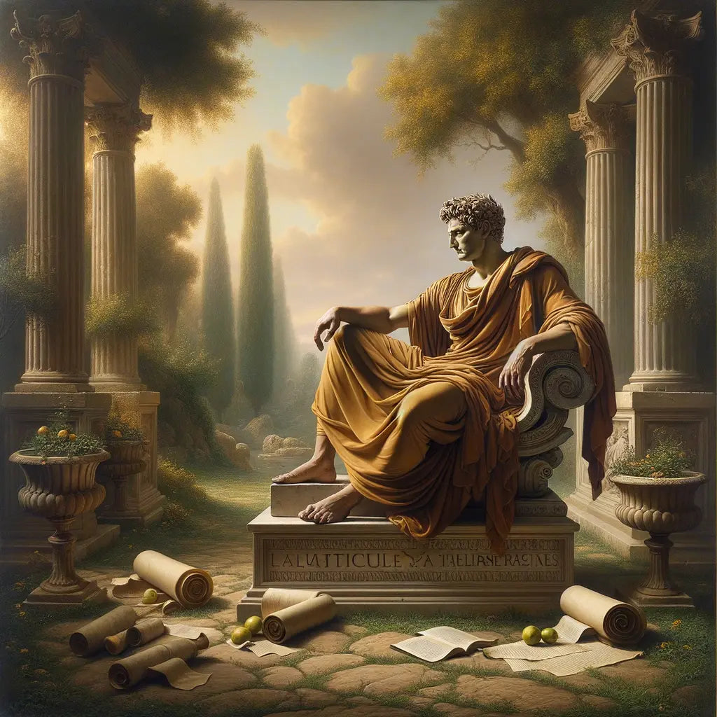 Emperor Marcus Aurelius in a serene garden, seated reflectively, symbolizing philosophical wisdom, inspired by 1960s historical epic films.