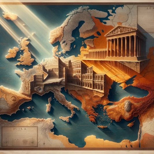 Ancient Roman Empire map highlighting Western and Eastern regions, with Rome and Constantinople prominently marked.