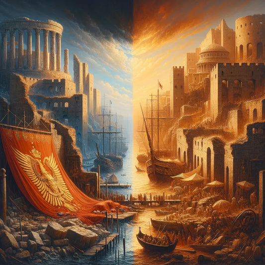A dramatic split painting shows the decline of the Western Roman Empire with a falling legionary banner and the thriving city of Constantinople under Byzantine rule, surrounded by seas, in the style of 1960s historical films.