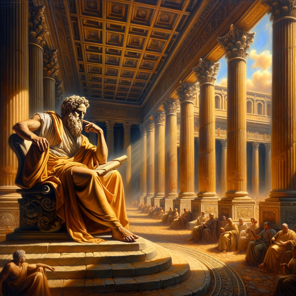 Seneca the Younger portrayed as a thoughtful Roman philosopher in front of ancient architecture, capturing the essence of Stoicism in a 1960s epic style.