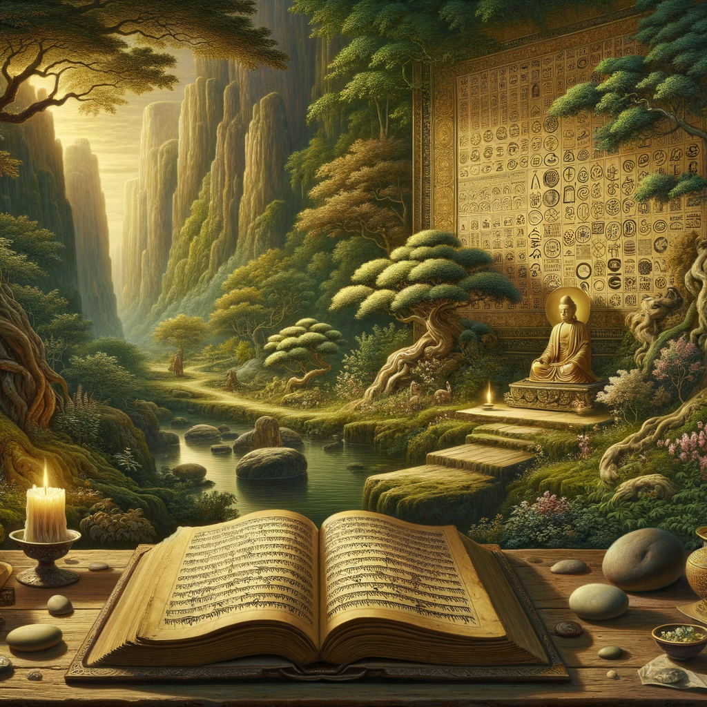 Ancient tome revealing Buddhist and Stoic symbols, surrounded by nature and candlelight in a 1960s epic style painting.