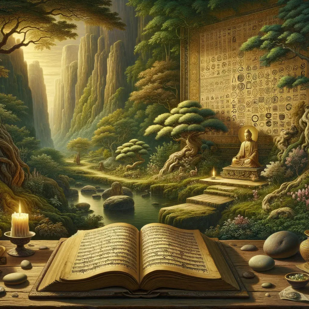 Ancient tome revealing Buddhist and Stoic symbols, surrounded by nature and candlelight in a 1960s epic style painting.