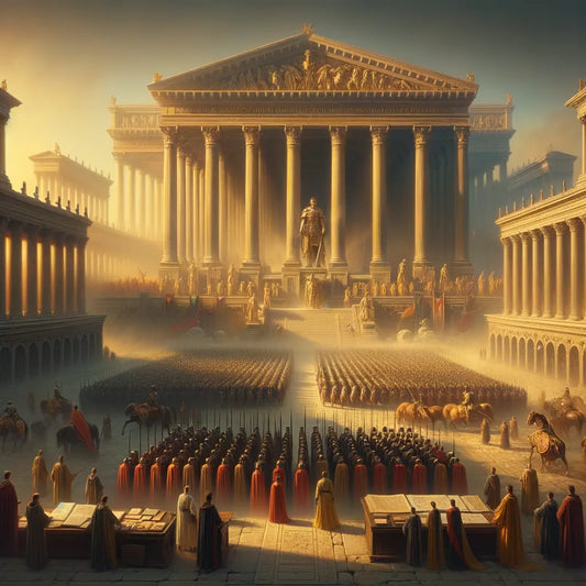 Depiction of Roman Forum under Tiberius Caesar, showcasing disciplined legions and grand administrative buildings in a cinematic historical epic style.