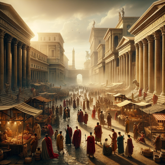 A cinematic depiction of an ancient Roman street bustling with soldiers in red cloaks and civilians in togas, amidst classical architecture, inspired by 1960s historical epics.