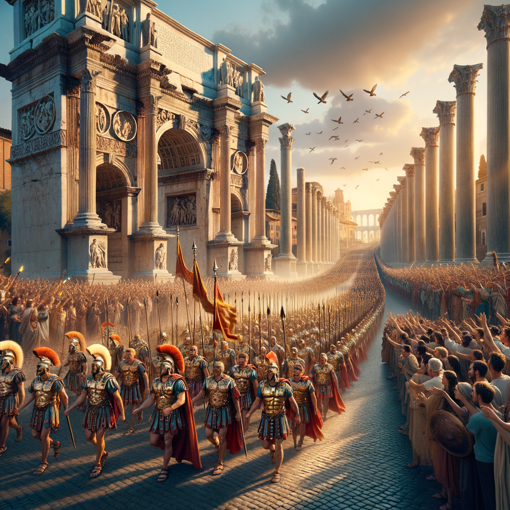 Roman legion in ancient Rome during sunset, showcasing the grandeur of the architecture and the excitement of the citizens.